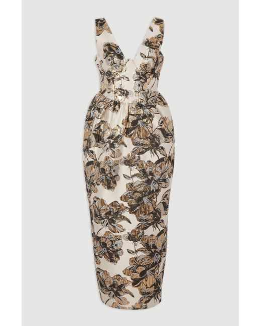 Karen Millen Blue Floral Jacquard Plunge Corset Pencil Midi Dress