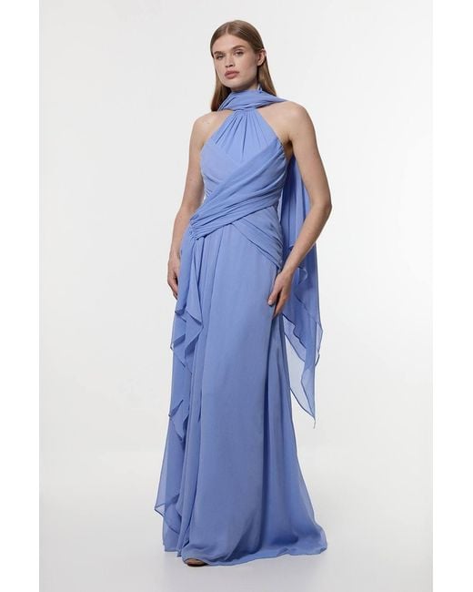 Karen Millen Blue Petite Crinkle Cross Front Georgette Woven Maxi Dress