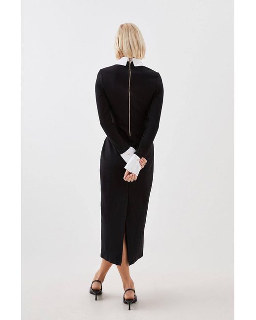 Karen Millen Black Jersey Cotton Poplin Midi Collar Dress