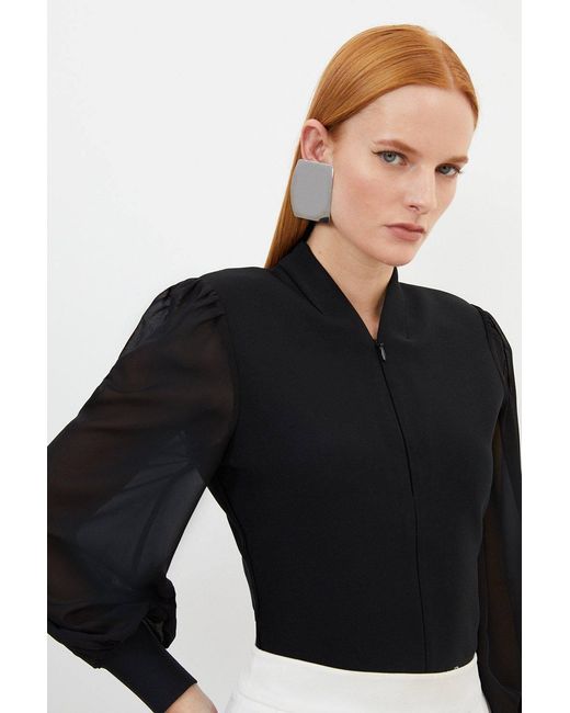 Karen Millen Black Bandage Figure Form Zip Detail Chiffon Sleeve Knit Top