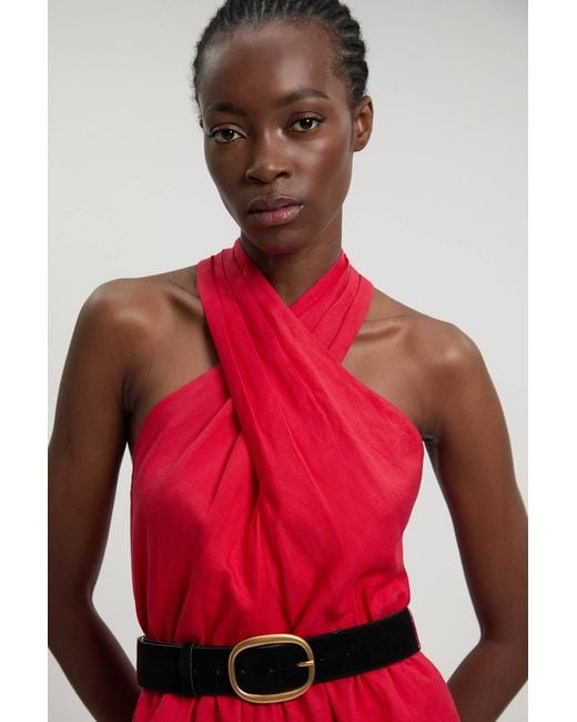 Karen Millen Red Viscose Linen Belted Halterneck Woven Jumpsuit