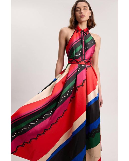 Karen Millen Abstract Print Twill Contrast Collared Woven Maxi Dress