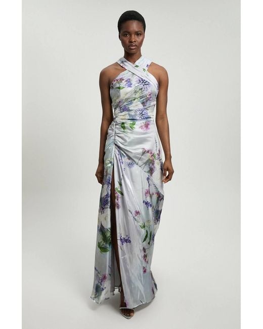 Karen Millen White Printed Metallic Floral Woven Maxi Dress