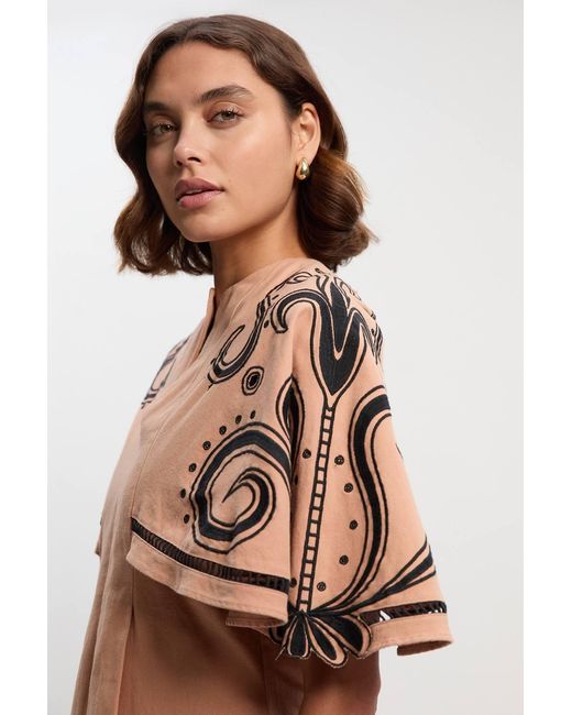 Karen Millen Black Petite Baroque Embroidered Cape Sleeve Woven Twill Top