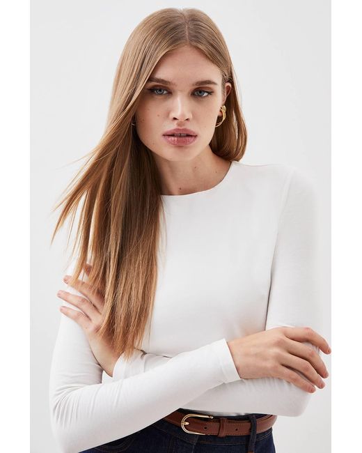 Karen Millen White Stretch Cotton Crew Neck Long Sleeve Top