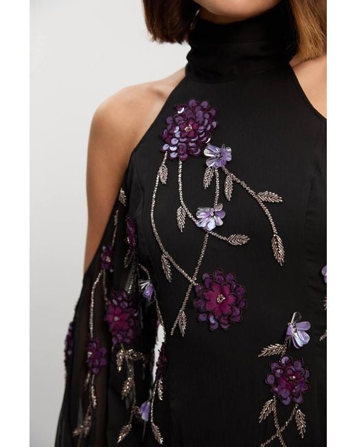 Karen Millen Black Cold Shoulder 3D Floral Applique Woven Maxi Dress
