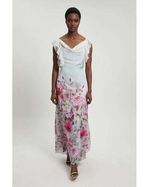 Karen Millen Pink Crinkle Georgette Floral Print Ruffle Sleeve Woven Midi Dress