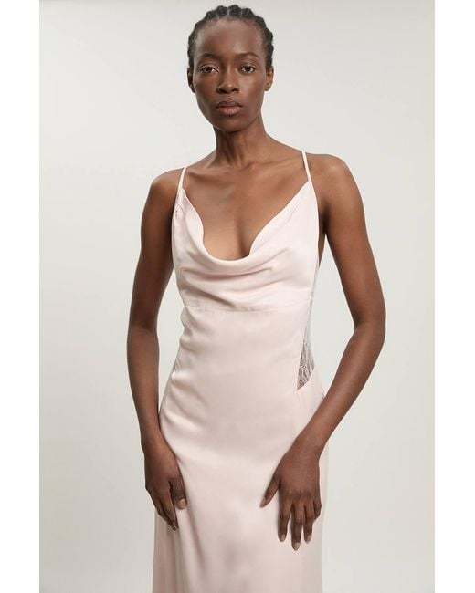 Karen Millen Natural Lace Insert Satin Viscose Bias Cut Maxi Dress