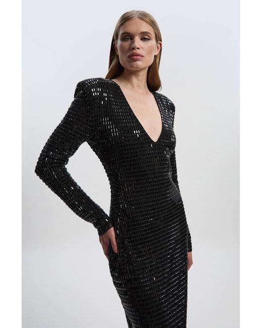 Karen Millen Black Premium Crystal Embellished Long Sleeve Plunge Neck Midi Dress
