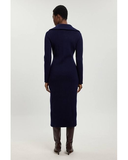Karen Millen Blue Cotton Zip Through Collar Knitted Midi Dress