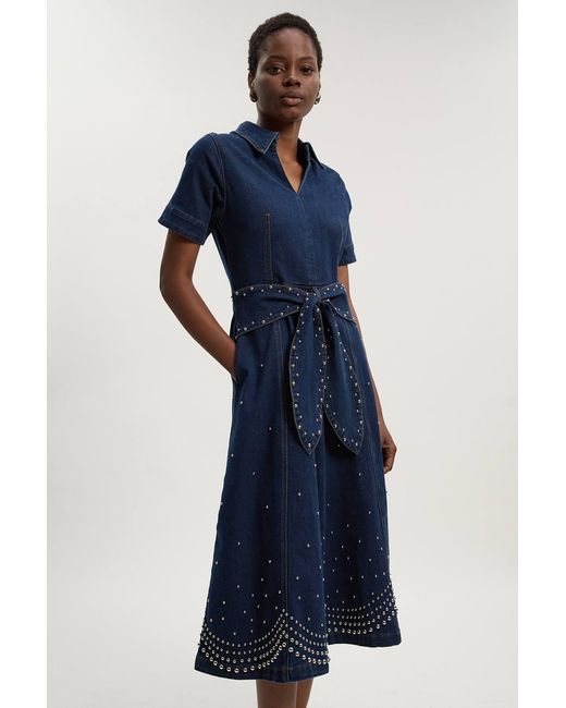 Karen Millen Blue Denim Placed Studs Tie Belted Short Sleeve Full Midi Dress