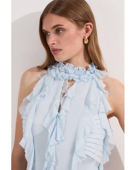 Karen Millen Blue Viscose Georgette Ruffle Halter Neck Woven Top Mini Dress