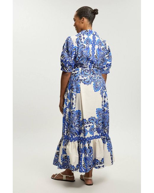 Karen Millen Blue Plus Size Tile Print Cotton Poplin Midi Dress