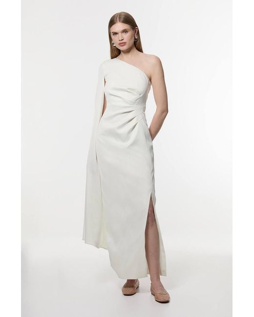 Karen Millen White Petite Satin Drape One Shoulder Tailored Maxi Dress