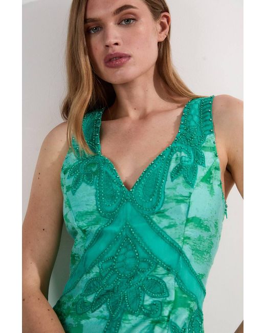 Karen Millen Green Burnout Embellished And Beaded Open Back Woven Maxi Dress