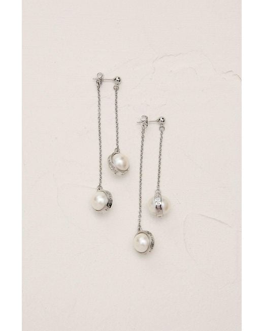 Karen Millen Brown Tone Logo Pearl Double Drop Earrings
