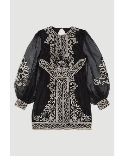 Karen Millen Black Petite Embroidered Organdie Balloon Woven Mini Dress