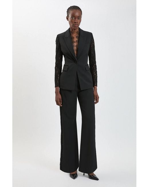 Karen Millen Black Compact Stretch Lace Mix Tailored Single Breasted Blazer