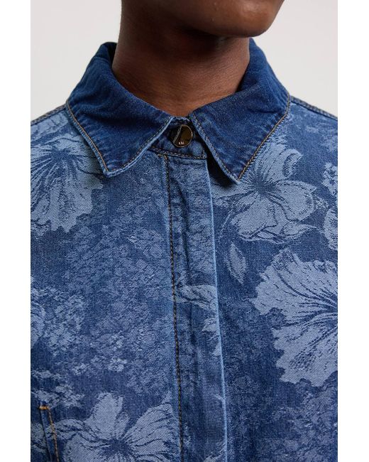 Karen Millen Blue Jacquard Denim Contrast Collar And Cuff Shirt