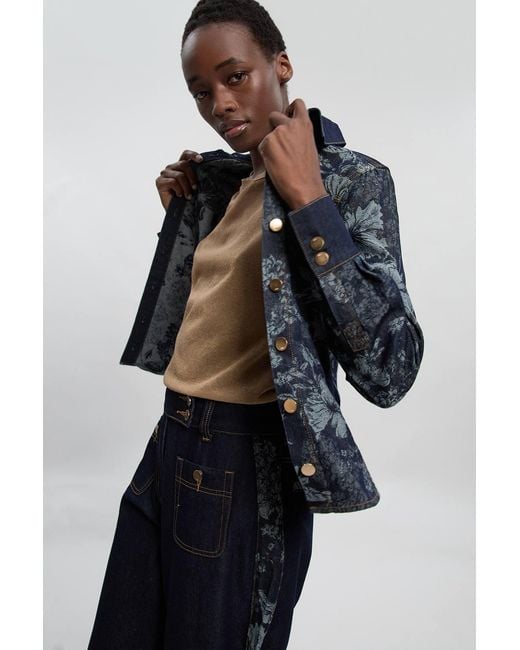 Karen Millen Blue Jacquard Denim Contrast Collar And Cuff Shirt