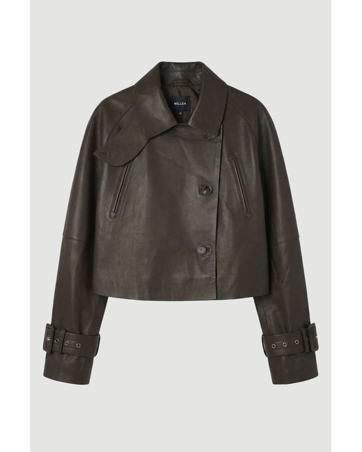 Karen Millen Blue Leather High Neck Crop Trench Coat