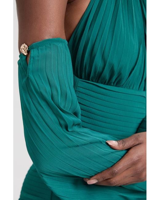 Karen Millen Green Crinkle Cold Shoulder Georgette Woven Maxi Dress