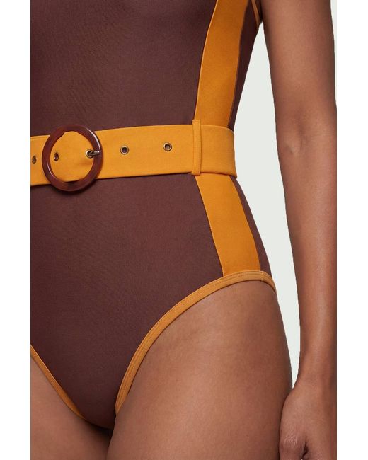 Karen Millen Orange Contrast Panelled Bandeau Swimsuit With Belt