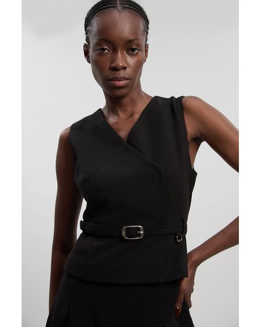 Karen Millen Black Compact Essential Belted Tailored Full Midi Dress