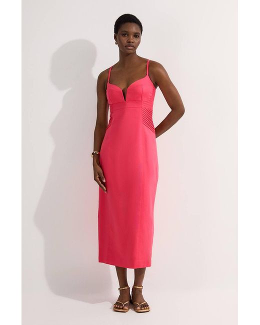 Karen Millen Premium Linen Pintuck Detail Pencil Tailored Midi Dress
