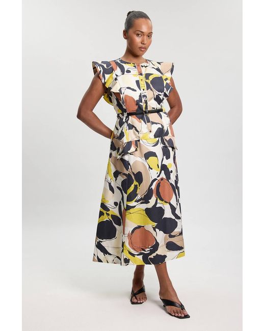 Karen Millen White Plus Size Abstract Print Viscose Linen Woven Ruffle Sleeve Midi Dress