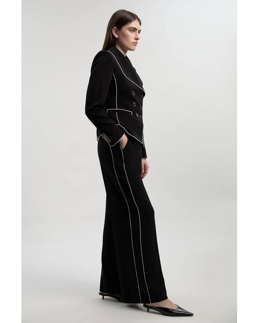 Karen Millen Black Compact Stretch Contrast Tipped Wide Leg Tailored Trouser