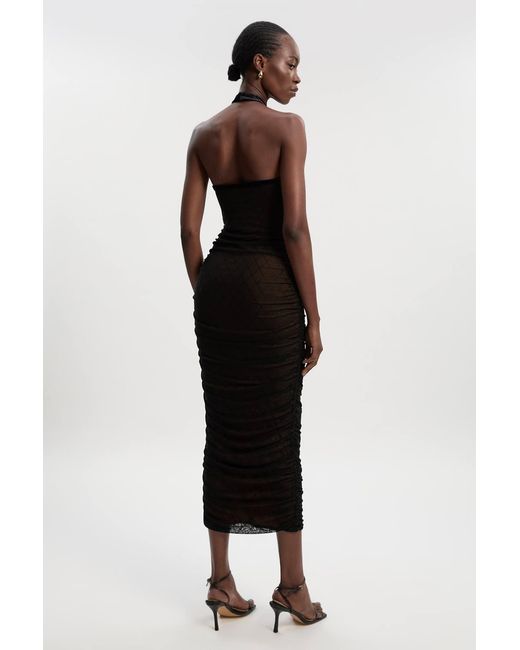 Karen Millen Black Mesh With Velvet Bow Trim Detail Halter Neck Midi Dress