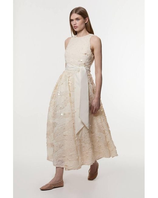 Karen Millen Natural Textured Sequin Floral Belted Woven Tie Maxi Prom Dress