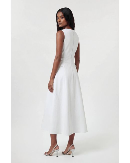 Karen Millen White Petite Premium Cotton Tailored Fabric Belted Buckle Midi Dress