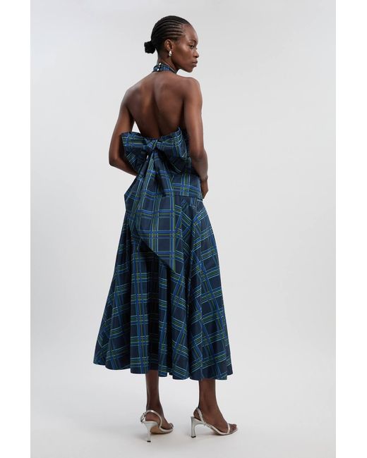Karen Millen Blue Check Print Taffeta Woven Maxi Skirt