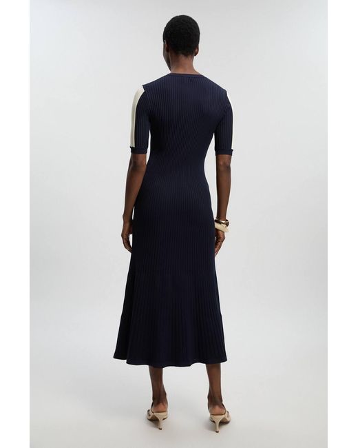 Karen Millen Blue Colour Block Rib Knitted Maxi Dress