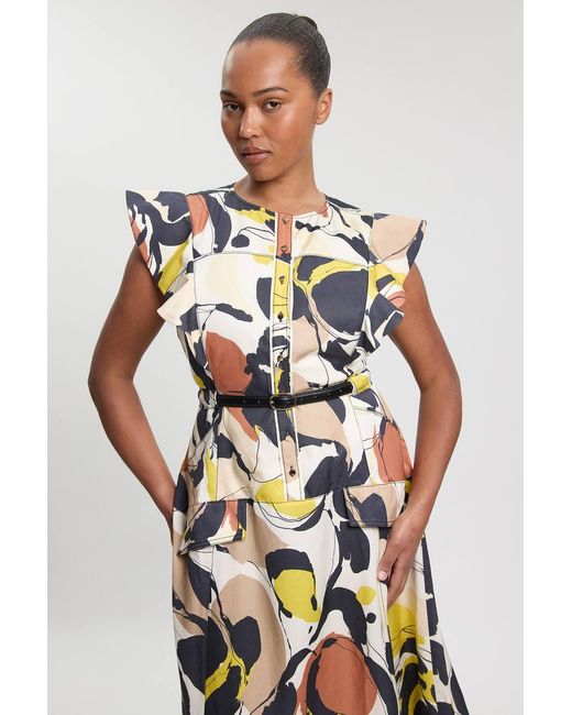 Karen Millen White Plus Size Abstract Print Viscose Linen Woven Ruffle Sleeve Midi Dress