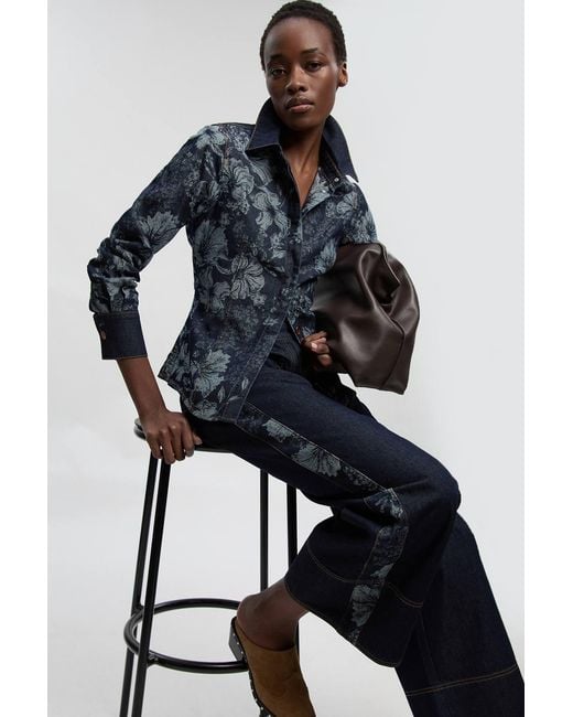 Karen Millen Blue Jacquard Denim Contrast Collar And Cuff Shirt