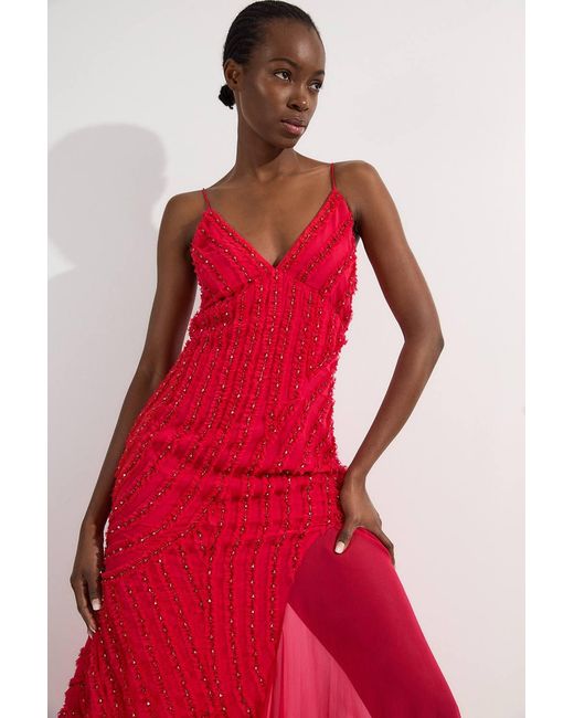 Karen Millen Red Embellished Ruffle Strappy Woven Maxi Dress