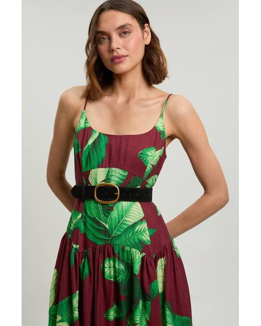 Karen Millen Green Petite Viscose Linen Palm Tree Belted Drop Waist Woven Midi Dress