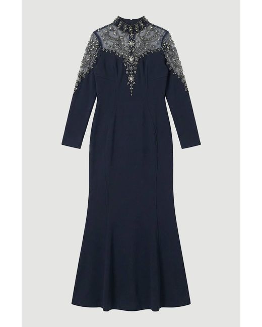Karen Millen Blue Premium Crystal Embellished Woven Maxi Dress