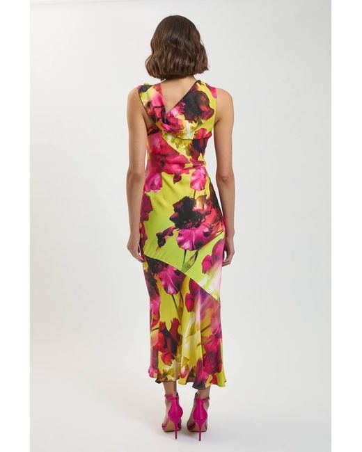 Karen Millen White Petite Viscose Satin Floral Print Asymmetric Shoulder Maxi Dress