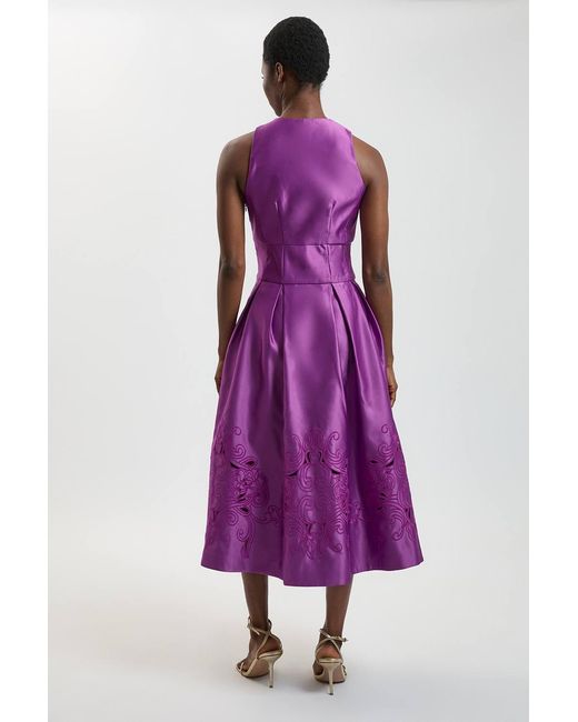 Karen Millen Purple Tailored Satin Cutwork Halter Midi Dress