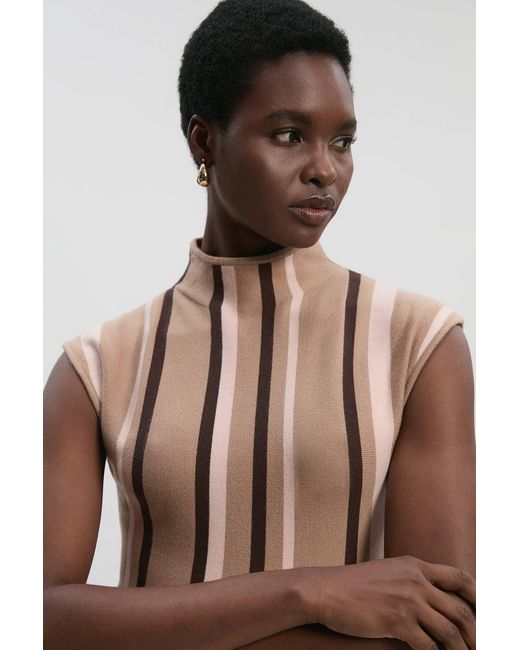 Karen Millen Natural Stripe Viscose Blend Asymmetric Hem Knit Top