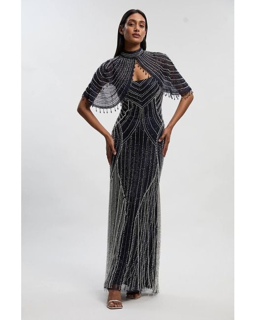 Karen Millen Black Crystal Embellished Woven Maxi Dress With Removable Cape