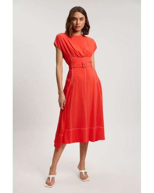Karen Millen Red Contrast Topstitch Belted Midi Dress