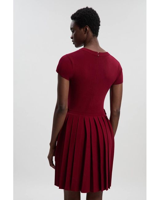 Karen Millen Red Viscose Blend Tab Detail Pleated Knit Mini Dress