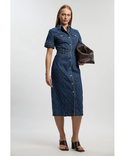 Karen Millen Blue Denim Printed Midi Dress