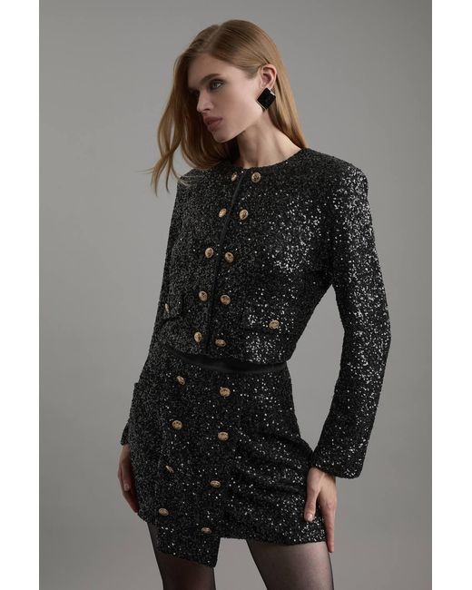 Karen Millen Black Tall Sequin Tailored Wrap Over Mini Skirt
