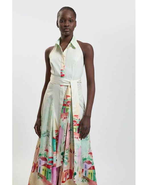 Karen Millen White Scenic Print Cotton Sateen Shirt Dress